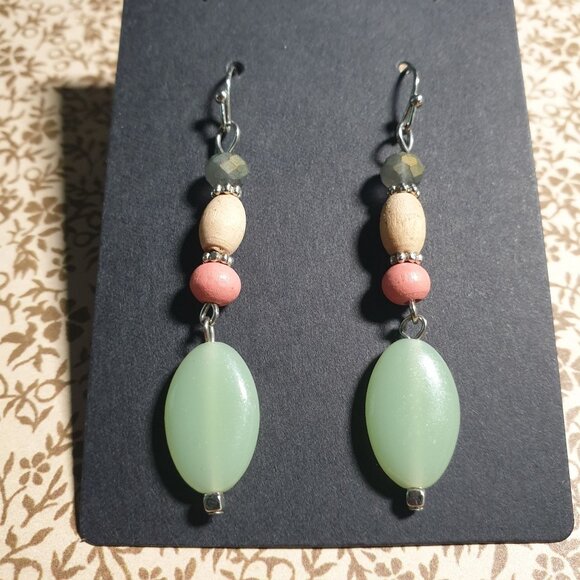 Handmade Dangle Earrings Green Beads Pink Natural Wood On Silver Hooks Women - Picture 2 of 4